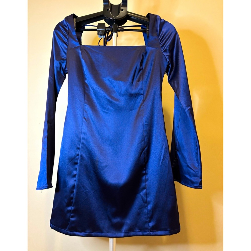 Wild Fable Satin Mini Dress Solid Blue Square Neck Long Sleeve Tie Back S